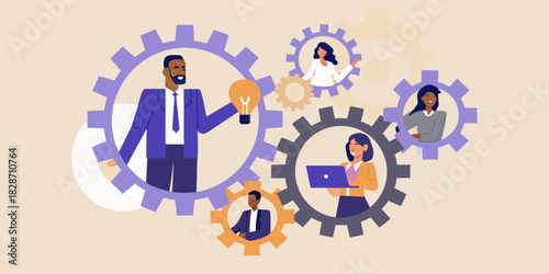 Diverse team working together in gears business collaboration and teamwork concept