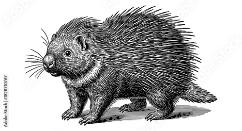 Detailed engraving of a porcupine in classic black and white style