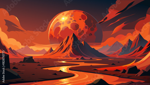 Otherworldly landscape with fiery planet over jagged mountains and glowing river, evoking adventure and exploration, ideal for science fiction projects