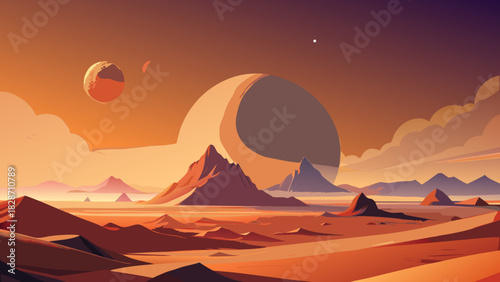 Explore the surreal Martian landscape with majestic mountains, distant planets, and dreamy clouds during a vibrant sunset, ideal for sci-fi designs