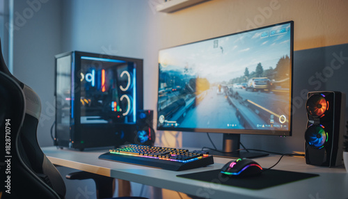 Gaming PC Setup with Curved Monitor and RGB Lighting.