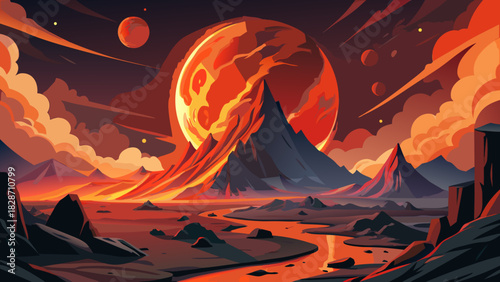 Spectacular alien landscape with fiery red planet backdrop, a stunning vista for sci-fi book covers and imaginative travel posters, evoking wonder and adventure
