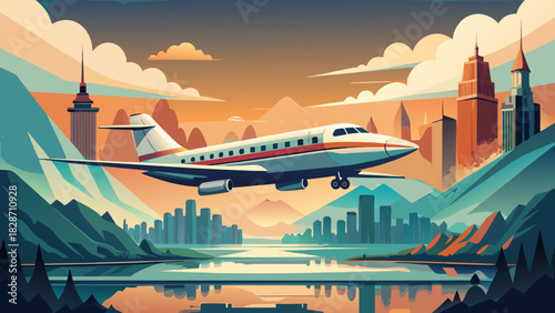 Modern airplane flying over stunning cityscape with mountains and reflective water, a beautiful and dynamic business travel scene for luxury and vacation vibes
