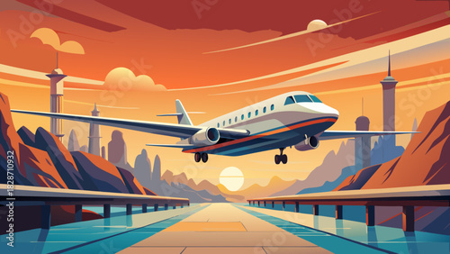 Stylish airplane soars over a futuristic landscape at sunset, ready for adventure and travel, perfect for posters and web design with its vector aesthetic
