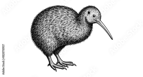 Intricate black and white kiwi bird design