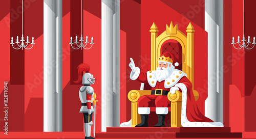 Santa Claus on Royal Throne Giving Order to Knight in Flat Vector Illustration