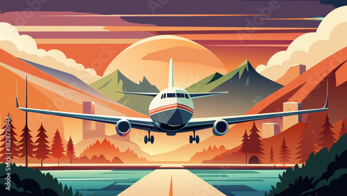 Dramatic airplane landing at sunset with mountains in the background, travel and adventure concept, vacation destination, modern vector illustration