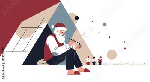Santa Claus prepares festive decorations with geometric flair in playful holiday scene