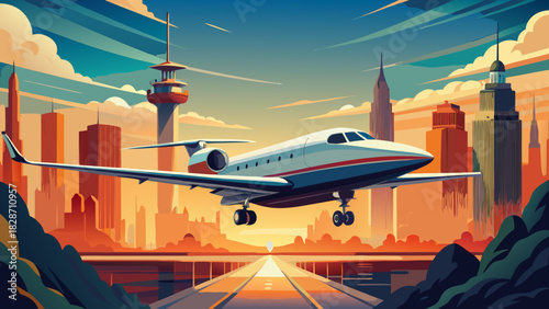 Modern airplane soars above vibrant cityscape, promising fast travel and global business opportunities, rendered with clean vector style for sleek appeal