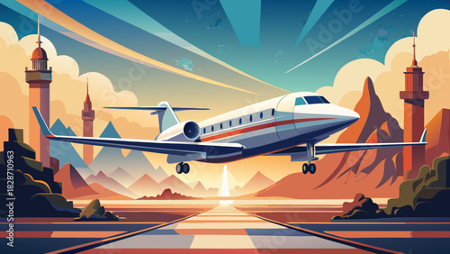 Stylish private jet soaring above a scenic landscape, perfect for luxurious travel promotions and high-end business ventures, modern vector style design