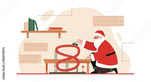 Santa Claus Prepares Toy Car Track Gift in Cozy Room Before Christmas Eve Delivery