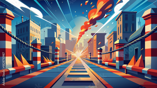 Dynamic city scene with stylized buildings and vibrant explosion effect, creating a sense of energy and excitement, perfect for modern urban concepts