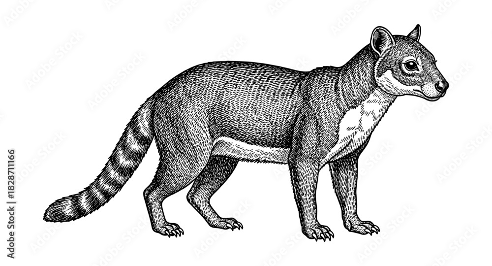 Obraz premium Intricate black and white engraved coati art with textured fur details