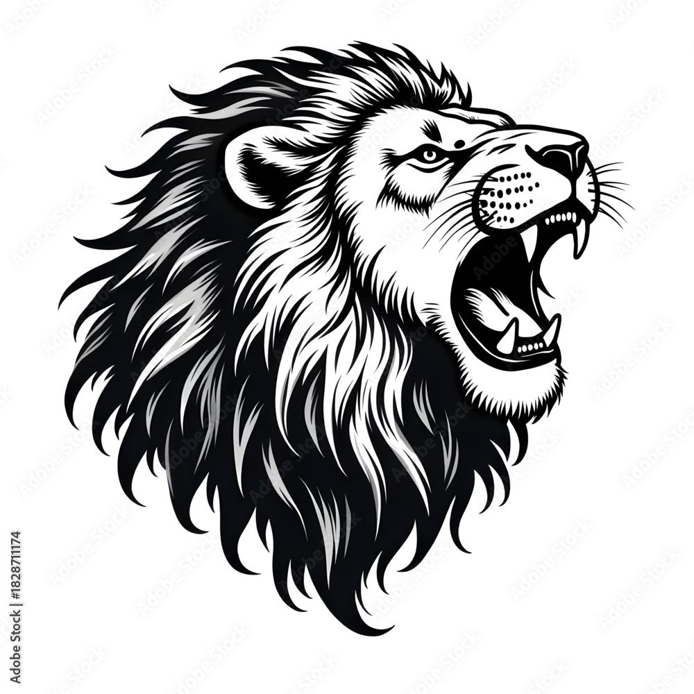 Fototapeta premium Roaring Lion: The king of the jungle, a majestic lion roars with fierce determination, its detailed mane and open mouth emphasizing its power and dominance.