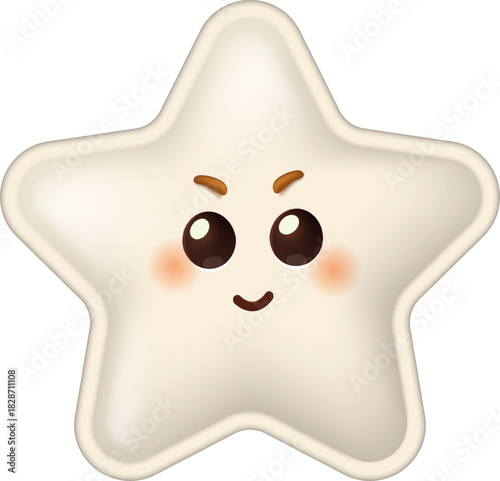 Cute 3D star character with a smiling face and determined expression. Adorable kawaii emoji mascot