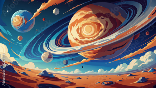 Stunning planetary landscape with vibrant colors, offering a cosmic journey for science, exploration, and space-themed projects with an otherworldly feel