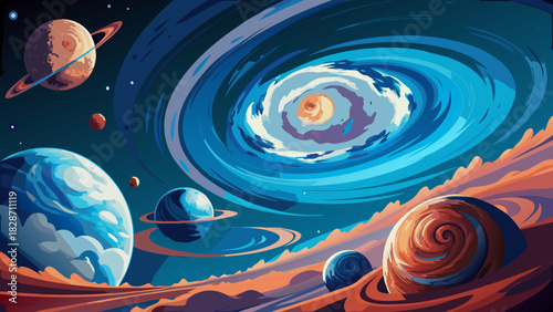 Stunning cosmic illustration of swirling galaxies, planets, and celestial bodies, perfect for science fiction or educational designs with vibrant colors