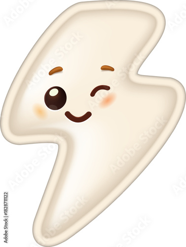 Cute 3D lightning bolt character winking and smiling. Happy cartoon electric mascot isolated on white. Energy and power symbol