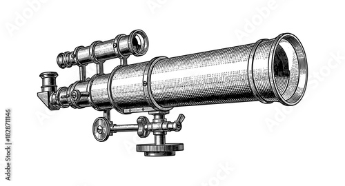 Vintage telescopic apparatus engraving with retro scientific aesthetic