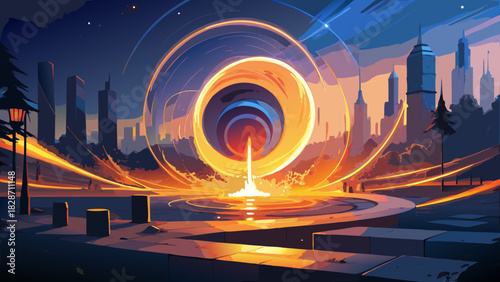 Stunning portal opening in vibrant city, a gateway to another world, light streaks illuminating modern architecture with a sense of mystery and wonder