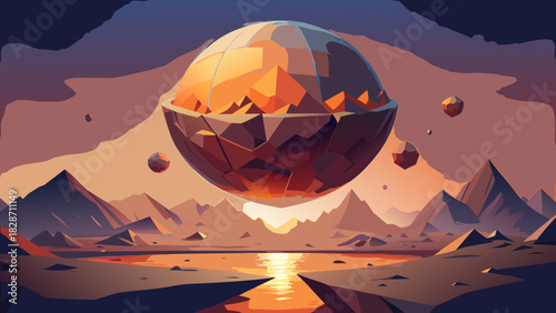 Stunning geometric landscape with floating planet, perfect for futuristic design projects and captivating digital art, inspiring imagination and exploration