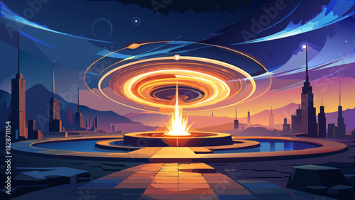 Stunning futuristic cityscape with vibrant energy portal, perfect for science fiction concepts, modern tech visualizations and inspiring digital art projects