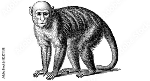 Detailed engraving of a baboon in vintage black and white art style