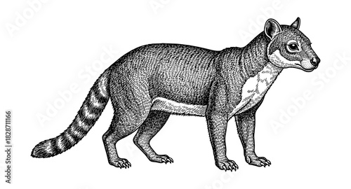 Intricate black and white engraved coati art with textured fur details