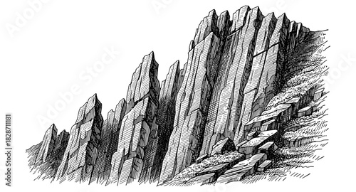 Dramatic mountain cliffs in detailed pen drawing style for nature art