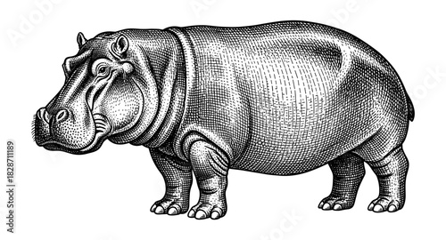 Detailed engraving of a hippopotamus in classic black and white line art style