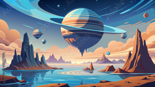 Dreamy alien planet landscape with vibrant colors, perfect for science fiction book covers, creative projects, or inspiring futuristic designs, otherworldly beauty
