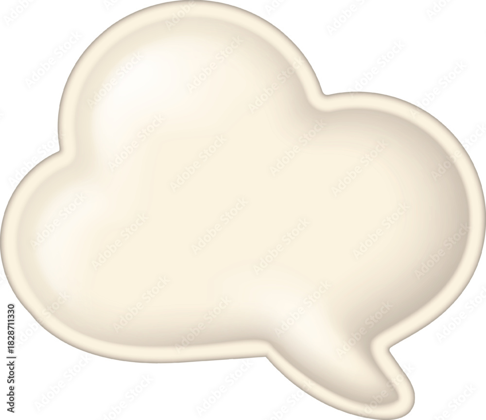 Naklejka premium 3D speech bubble in cloud shape isolated on white. Blank beige chat icon with copy space for text. Soft puffy thought balloon for communication concept