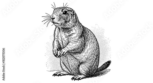 Detailed black and white engraving of a prairie dog standing alert