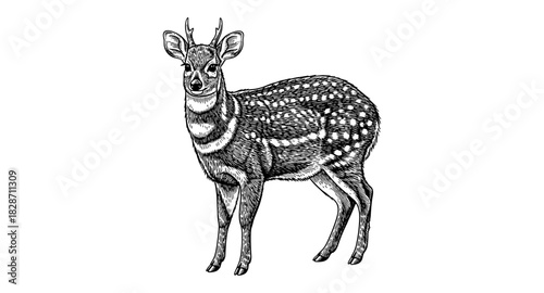 Detailed ink drawing of a spotted deer in black and white