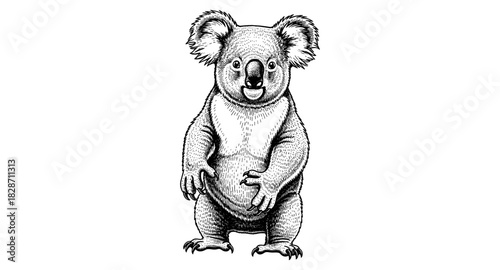 Detailed black and white koala art with intricate linework