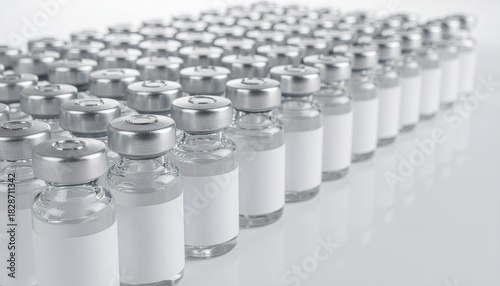 Numerous clear glass medical vials with silver caps and blank white labels arranged in neat rows, symbolizing large-scale pharmaceutical production, medical research, and global healthcare solutions
