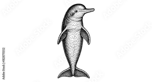 Vintage sketch of a dolphin standing upright in detailed black and white