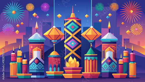 Vibrant city skyline celebrates Ramadan with glittering fireworks and festive lanterns, perfect for holiday greetings and cultural events, originally vector