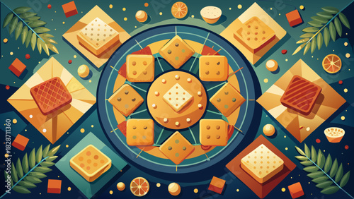 Celebrate with delicious square pastries, citrus, and tropical greenery, perfect for festive desserts, gourmet delights, and vibrant food presentations