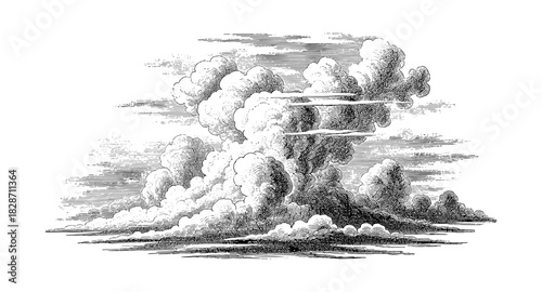Vintage style cloud formation in detailed black and white engraving
