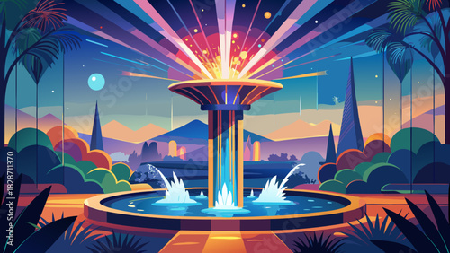Stunning fountain scene with vibrant colors, perfect for adding a touch of elegance and wonder to your project, evoking serenity, originally vector design.
