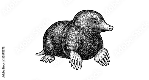 Hand drawn detailed black and white mole with intricate texture and shading