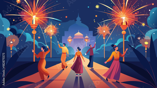 Joyful celebration with lanterns and fireworks bringing people together for a festive holiday evening of cultural significance and community bonding experience