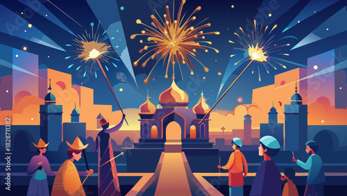 Vibrant city celebrates Eid with dazzling fireworks display, people gathering with sparklers, a festive and joyous celebration of Islamic heritage