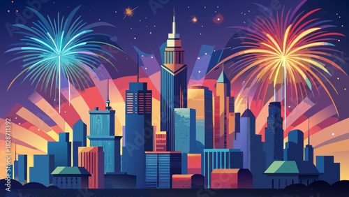 Vibrant city skyline celebrating with colorful fireworks display, evoking festive urban energy, perfect for event promotions or holiday celebrations