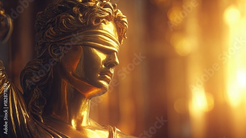 Golden sculpture of justice stands with a blindfold, radiating light and representing impartiality. Law, fairness, ethics, and the legal system are highlighted.