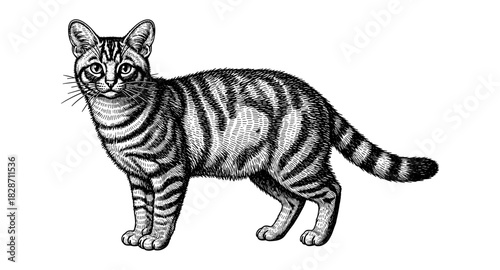 Detailed hand-drawn cat with striped fur in vintage style