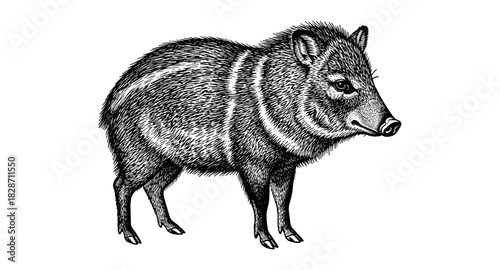 Detailed ink drawing of a javelina