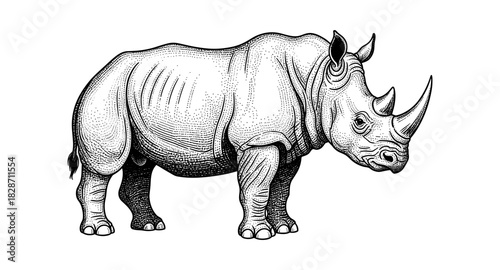 Detailed engraving of a rhinoceros in monochrome style with intricate patterns