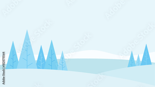 Minimalist winter landscape illustration featuring stylized blue pine trees arranged on rolling snowy hills suitable for winter themed promos, greeting cards, and Christmas events.